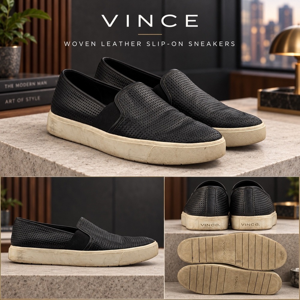 Vince Blair Black Perforated Leather Slip On Platform Sneakers Mens 11